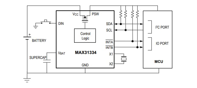 应用电路图 - Analog Devices / Maxim Integrated MAX31334超低功耗实时时钟